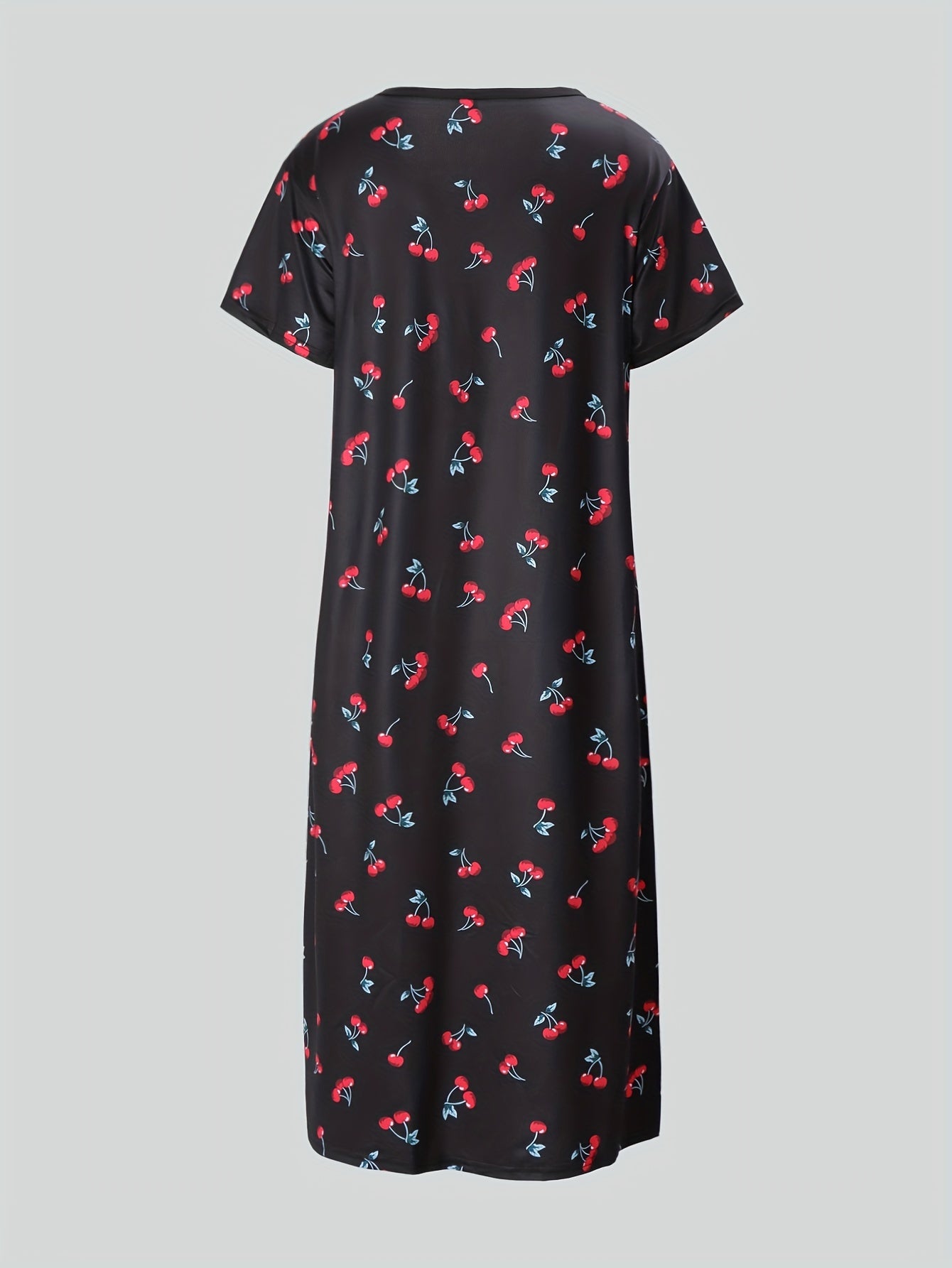 Cherry Print NightDress Short Sleeve Crew Neck Pajama Dress Women's Sleepwear