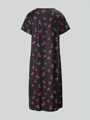 Cherry Print NightDress Short Sleeve Crew Neck Pajama Dress Women's Sleepwear