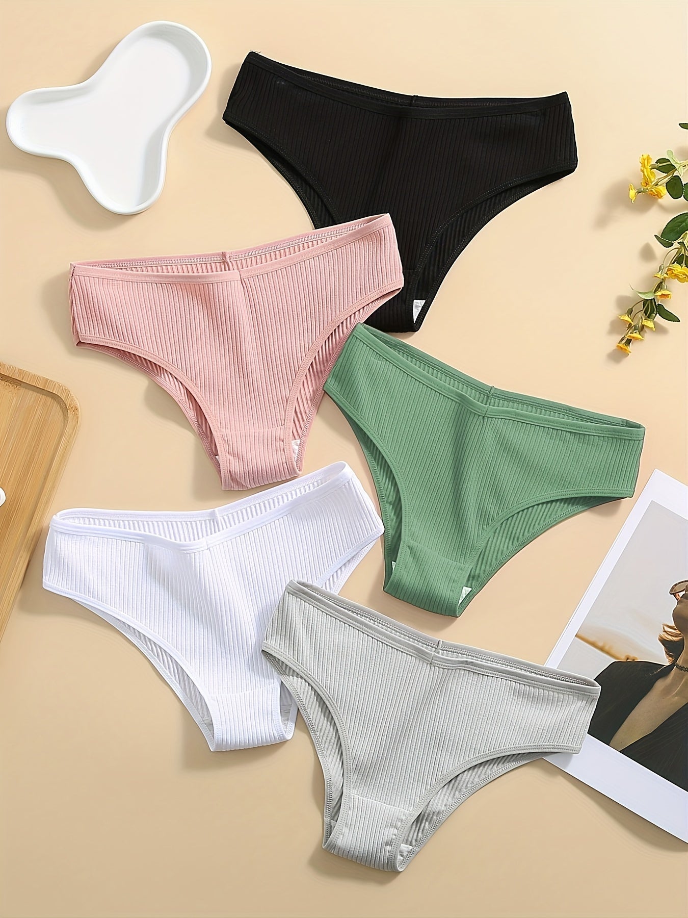 5 Pcs Ribbed Sports Panties Comfy & Breathable Hipster Panties