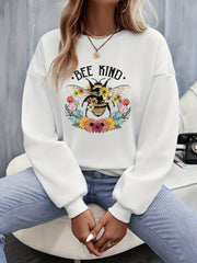 Floral Bee Print Pullover Sweatshirt for Fall & Winter