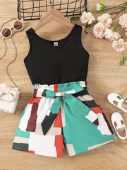 2pc Toddler Girls Ribbed Knit Tank Tops & Belted Shorts Set