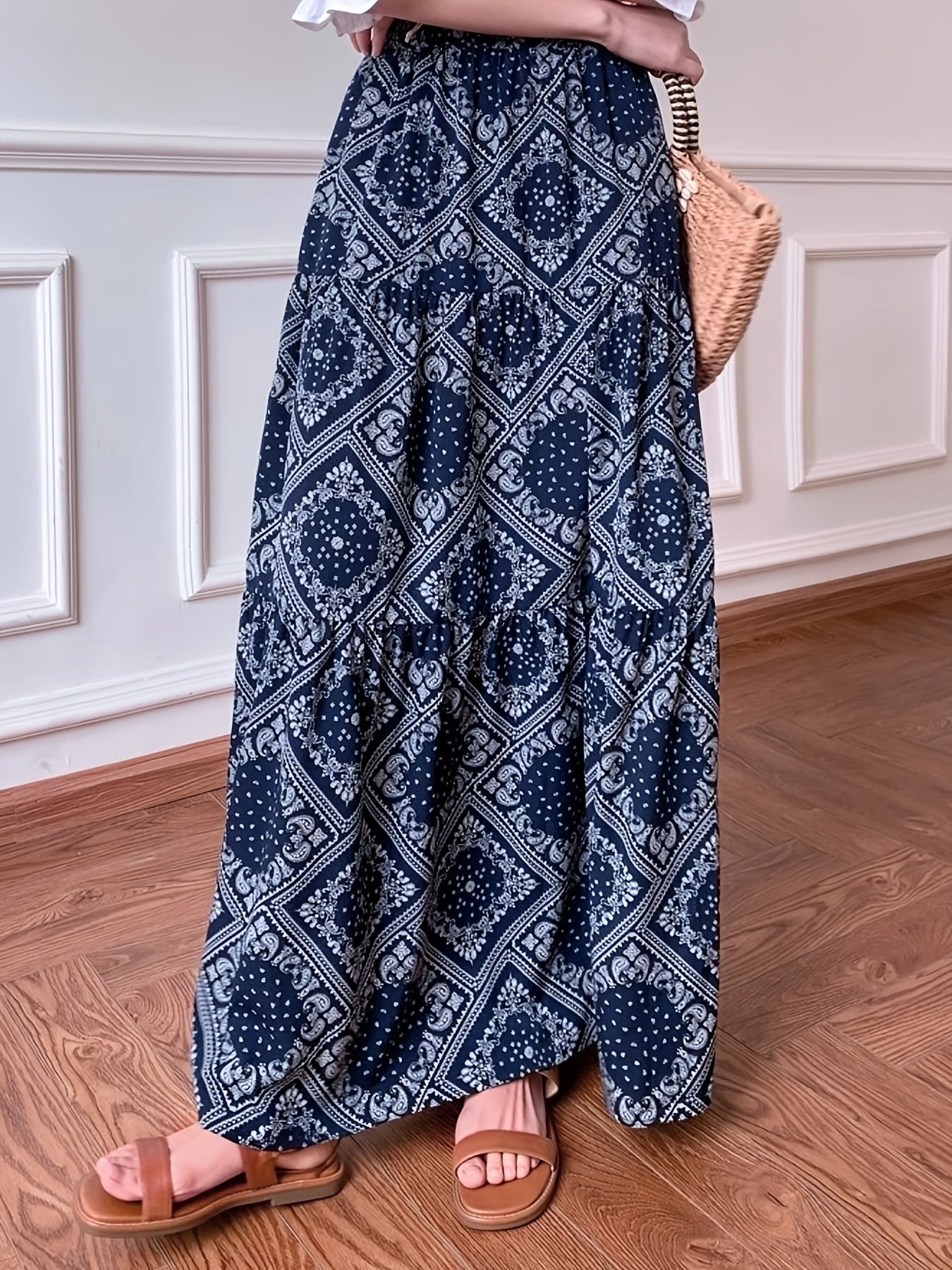Boho Paisley Scarf Print Maxi Skirt High Waist Women's Clothing