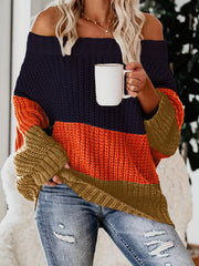 Off Shoulder Block Knit Sweater Long Sleeve Casual Loose