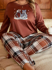 Cat Print Tee & Plaid Pants Lounge Set