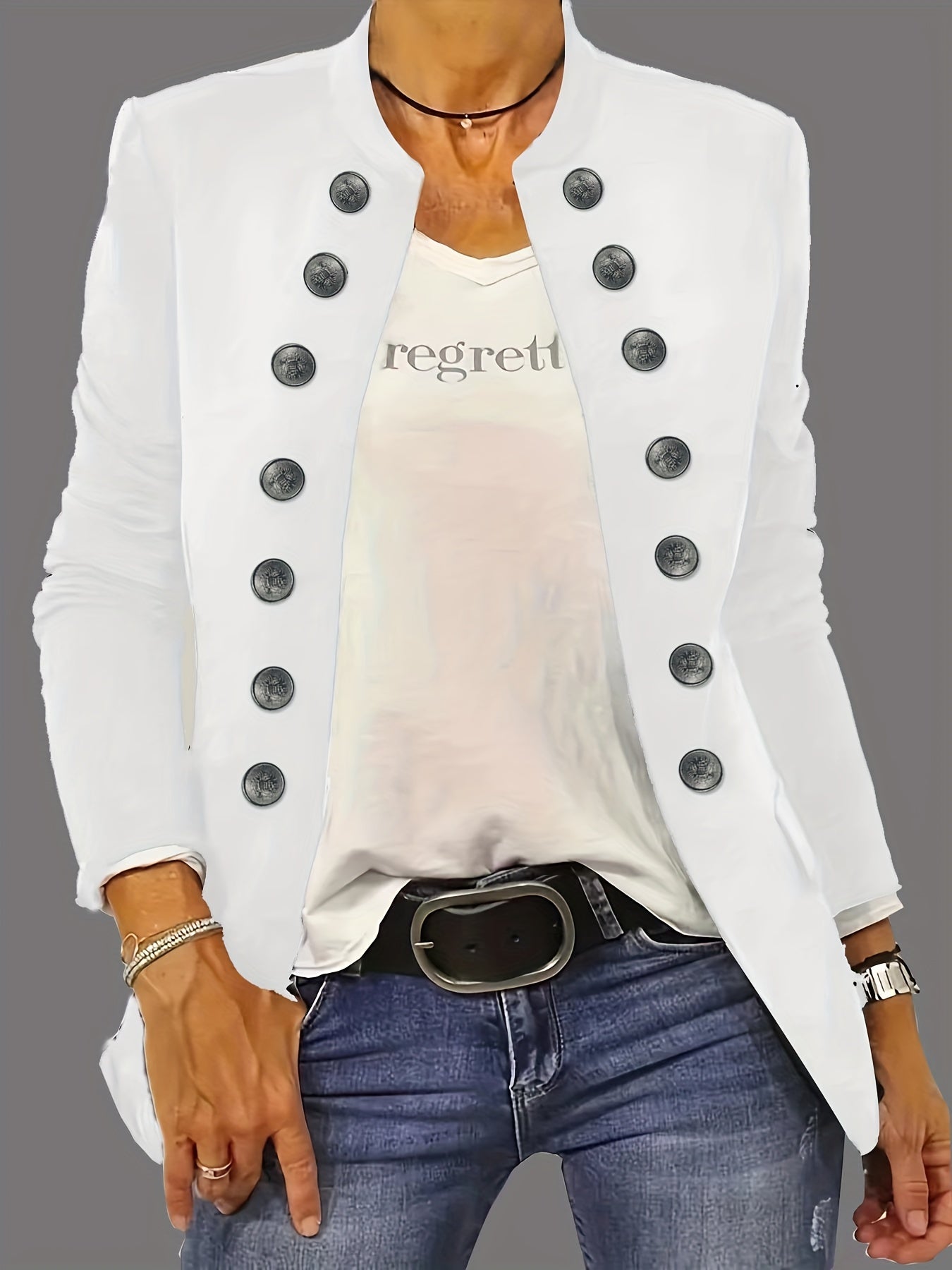 Solid Stand Collar Button Front Blazer for Women