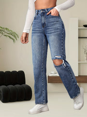 Loose Fit Straight Jeans Ripped Holes Slash Pockets Non Stretch