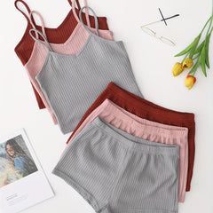 Waffle Knit Pajama Set: V Neck Cami Top & Shorts - 6 Pc