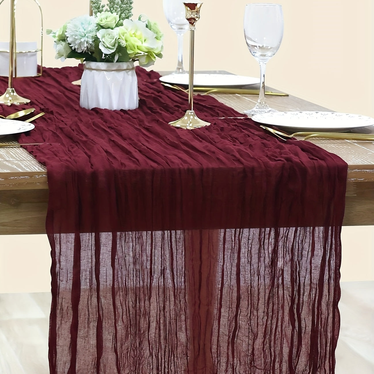 Vintage Burgundy Cheesecloth Table Runner for Weddings and Parties