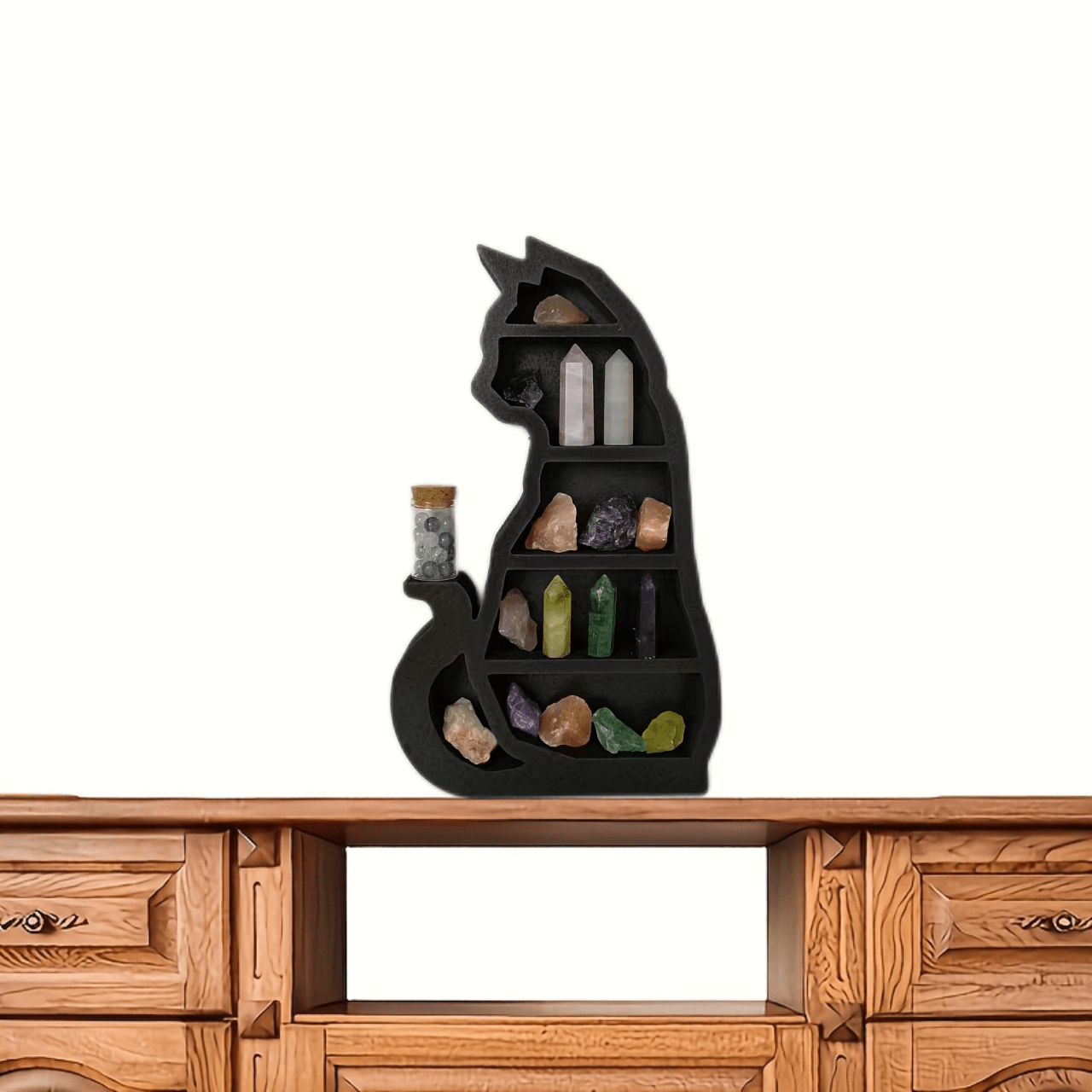 Short Tail Cat Crystal Holder Wooden Wall Mounted Crystal Rack Tabletop Desk Org