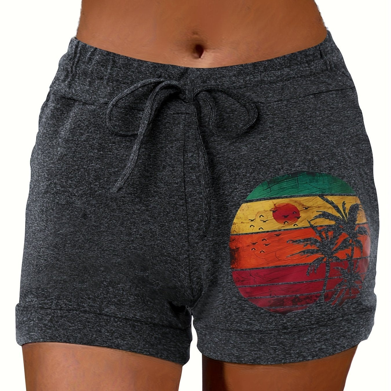 Coconut Tree & Sun Print Drawstring Shorts Spring & Summer Casual Shorts