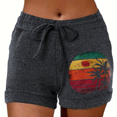 Coconut Tree & Sun Print Drawstring Shorts Spring & Summer Casual Shorts