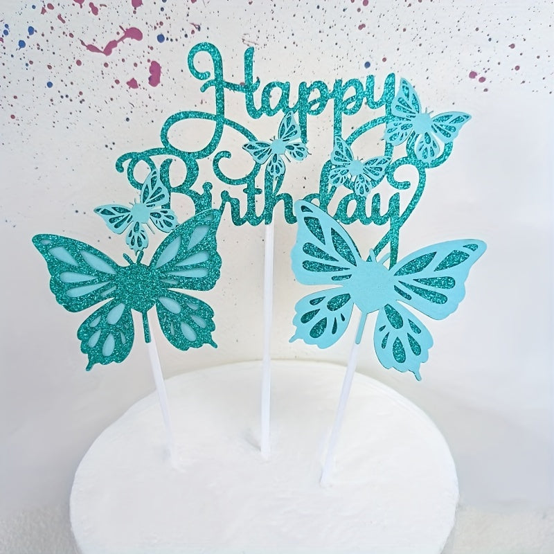 3pcs Glitter Butterfly Cake Toppers with Happy Birthday Topper