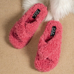 Faux Fur Platform Slip-On Shoes Cross Strap Slippers
