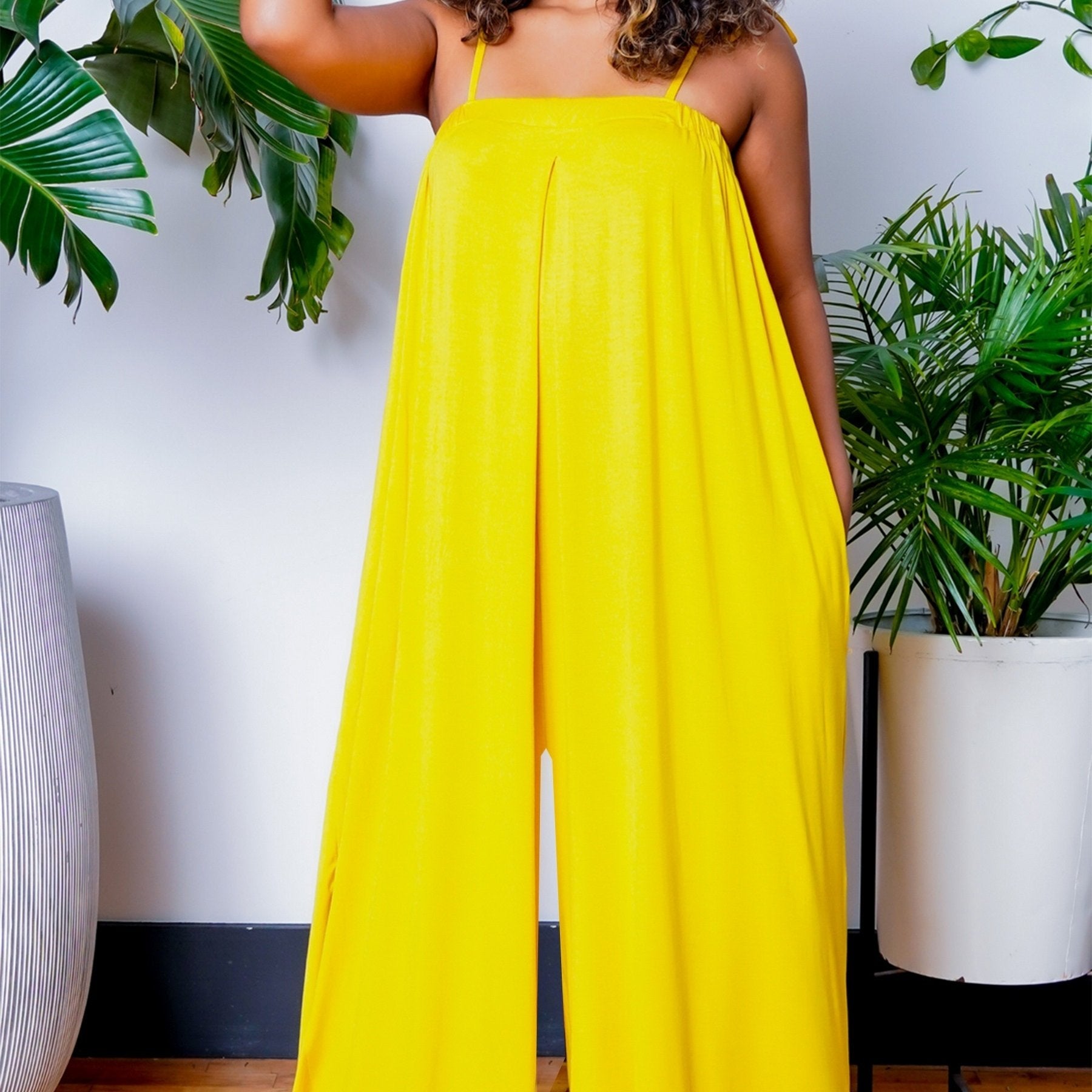 Solid Spaghetti Jumpsuit Casual Sleeveless Ruched Summer Loose Jumpsuit