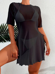 Sheer Cover Up Dress Round Neck Short Sleeves Split Cover Ups Women's Swimwear