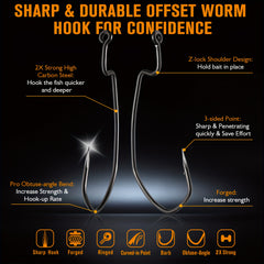 Dovesun EWG 30pcs Fishing Hook Offset Worm Hooks Texas Rig Hooks Bass Hooks