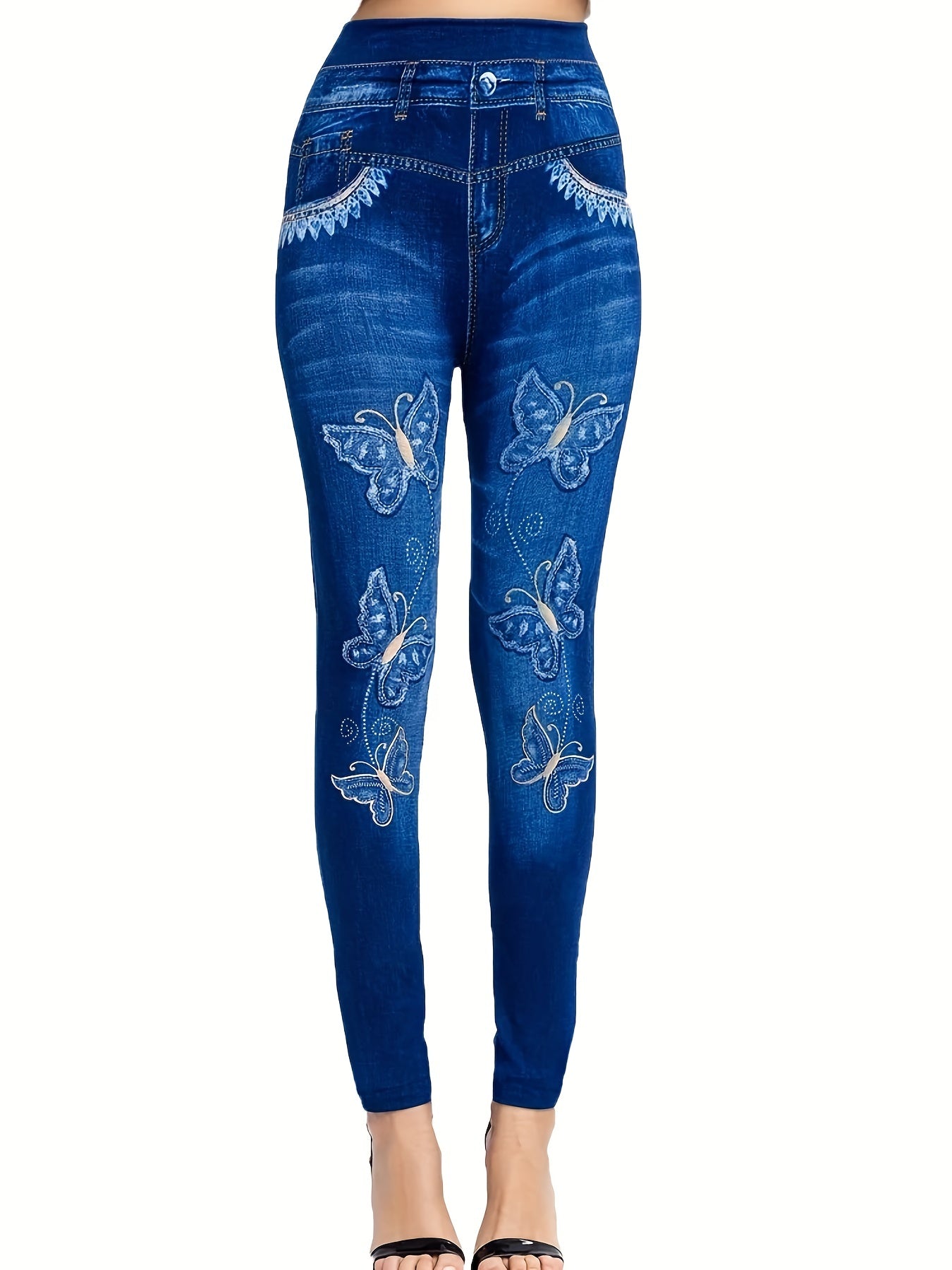 Denim Print High Waist Jeggings Slim Stretchy Casual Leggings Women