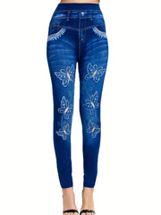 Denim Print High Waist Jeggings Slim Stretchy Casual Leggings Women