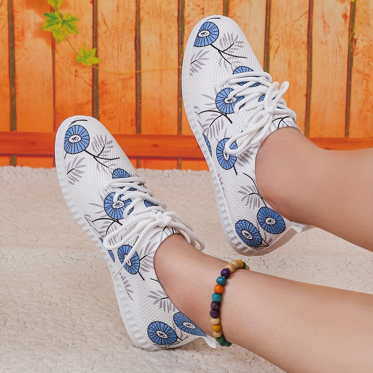 Women's Flower Pattern Sneakers Casual Lace Up Outdoor Shoes
