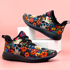 Women's Skull & Flowers Print Sneakers Lace Up Outdoor Shoes Lightweight Low Top