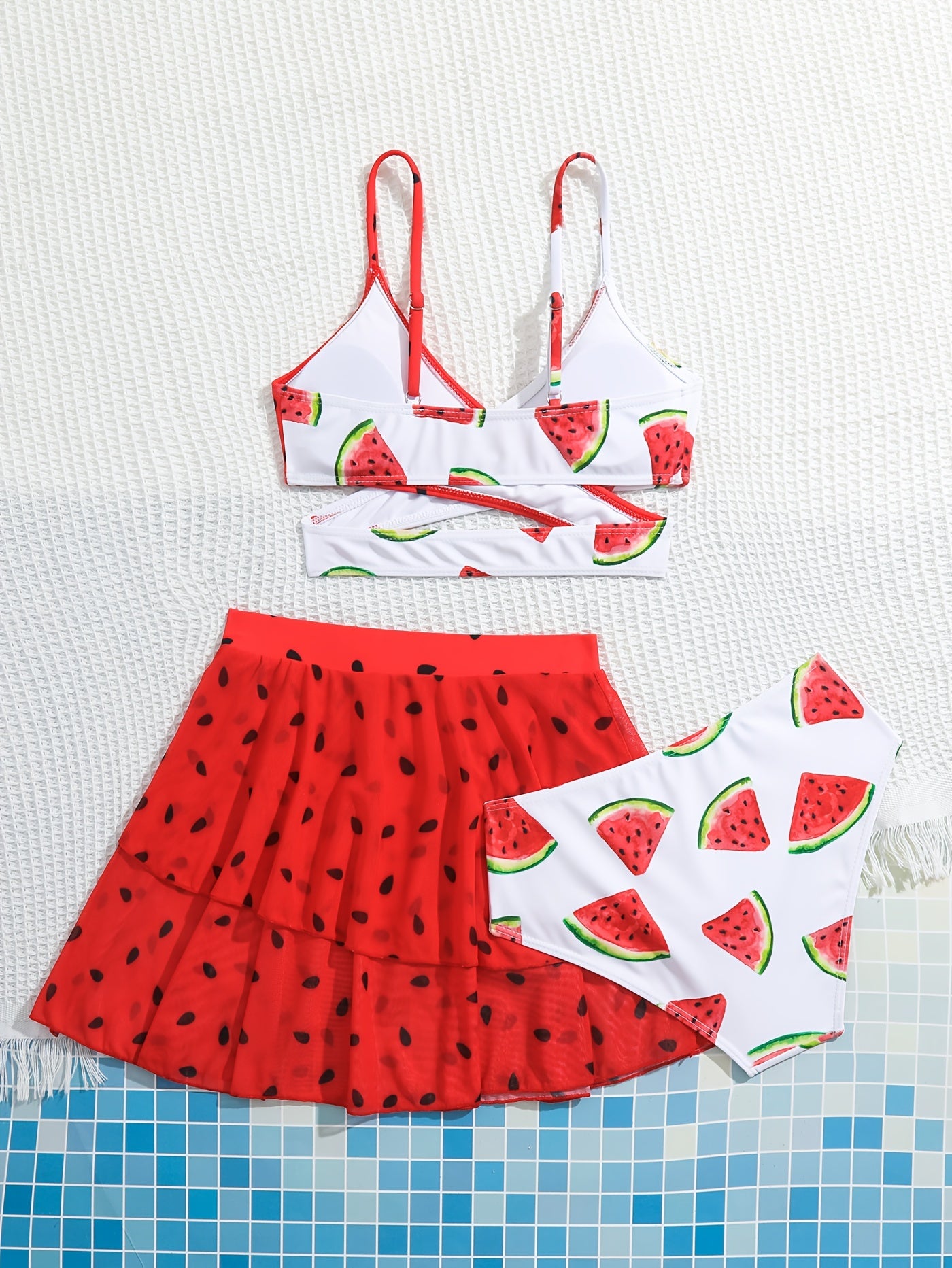 Girl's Watermelon Swimsuit 3pcs Bikini Set & Skirt