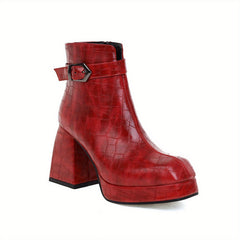 Women's Crocodile Ankle Boots Block Heel Side Zip Buckle Strap Retro Short Boots