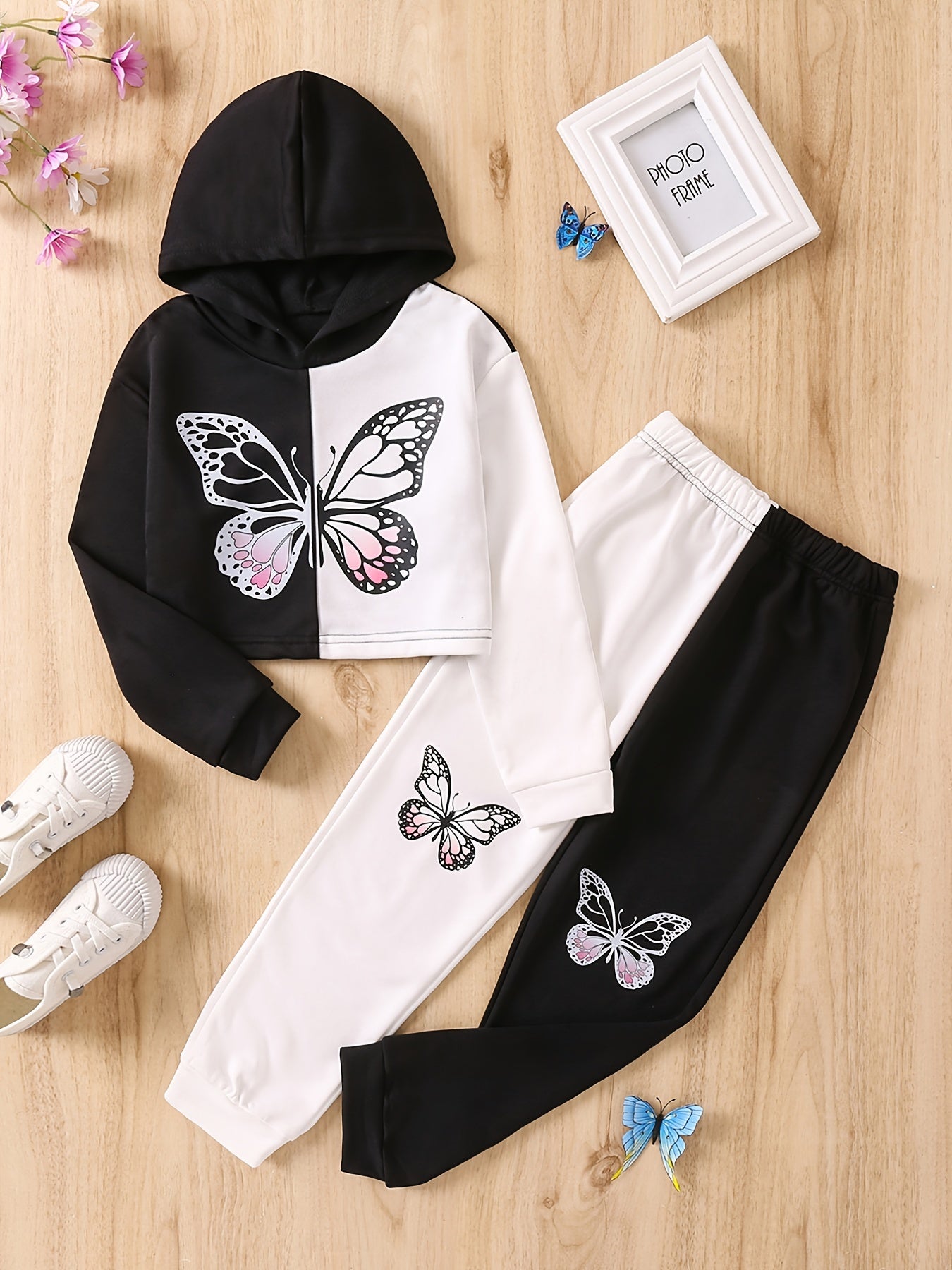 2 Girls Butterfly Print Crop Hoodie Sweatshirt & Pants Set