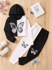 2 Girls Butterfly Print Crop Hoodie Sweatshirt & Pants Set