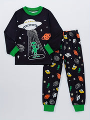 Boys Rocket Solar System Print Pajama Set Long Sleeve Round Neck Top & Pants
