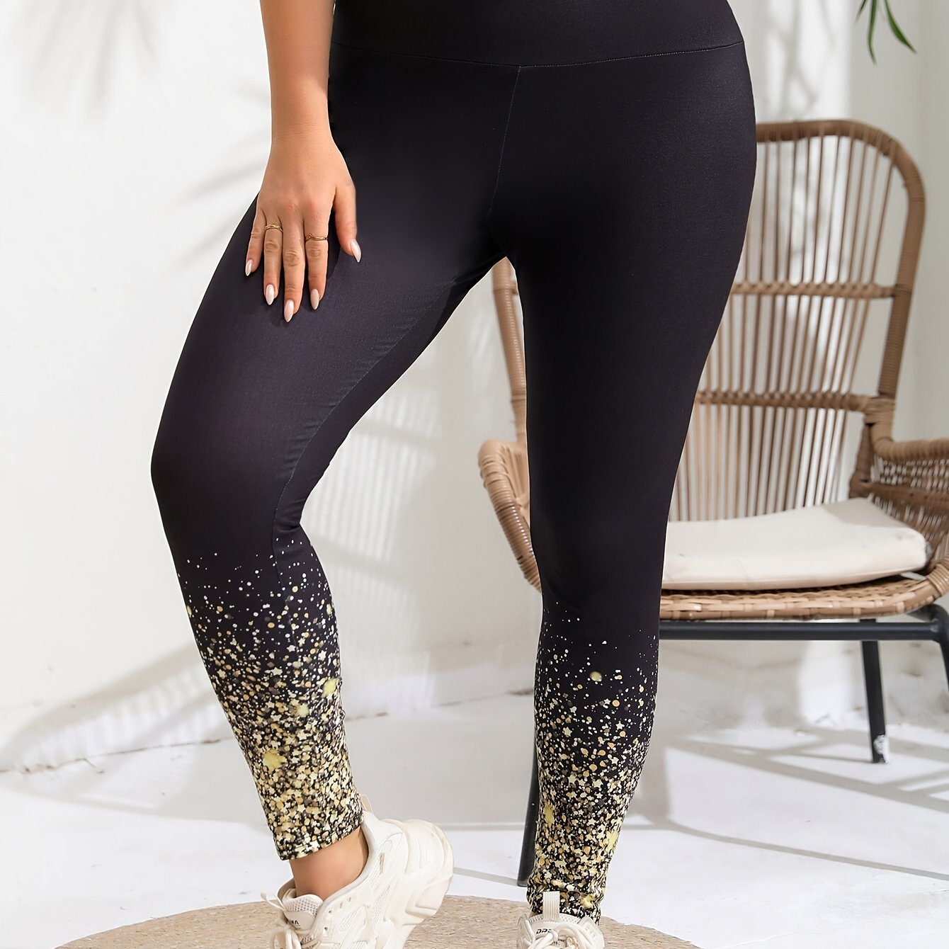 Women's Plus Glitter Print High Waisted Slight Stretch Leggings