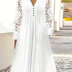 Contrast Lace Tucked Dress Casual Button Front Dress