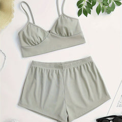 Ribbed Pajama Set V Neck Cami Top & Elastic Waistband Shorts