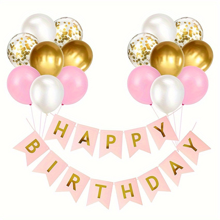 16pcs Happy Birthday Gold Banner Sequin Balloon Set