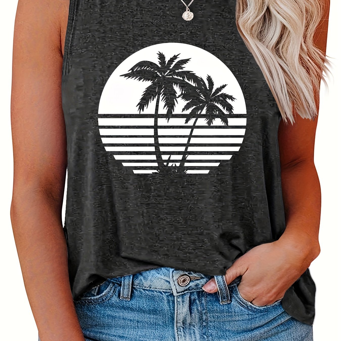 Palm Tree Print Round Neck Tank Top for Women