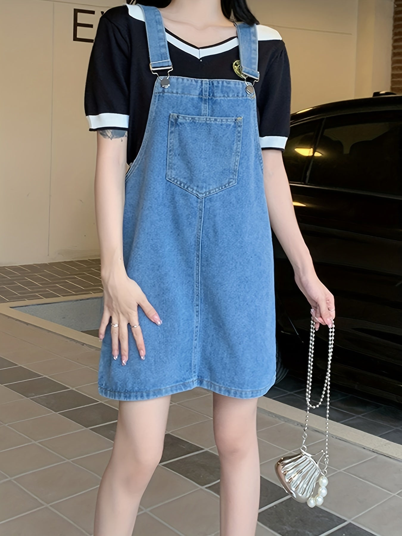Patch Pockets Denim Skirtall Casual Denim Dress