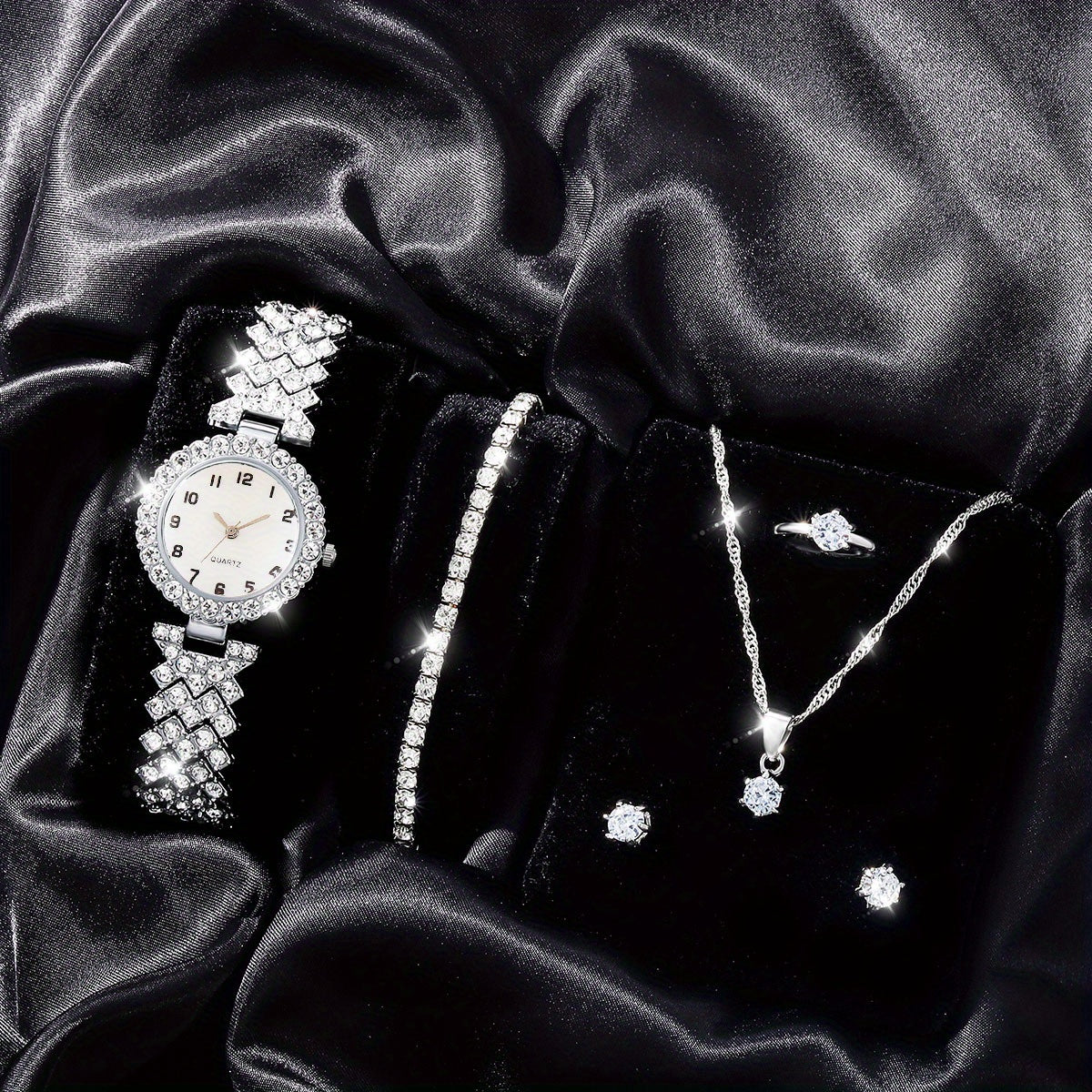 Kids Rhinestone Quartz Analog Watch & Jewelry Set