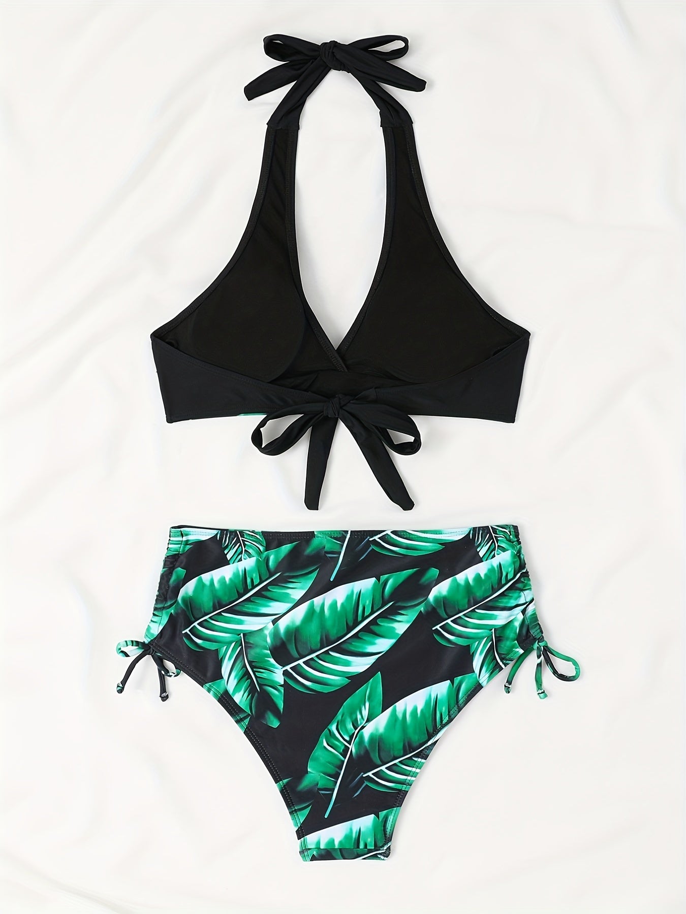 Tropical Leaf Print Halter Swimsuit 2 Piece Set Bikini