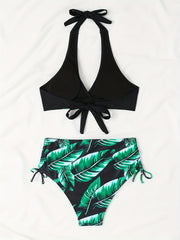Tropical Leaf Print Halter Swimsuit 2 Piece Set Bikini