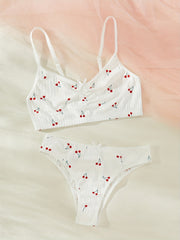 Cherry Print Bra & Panties Wireless Bra & Bow Tie Panties Set