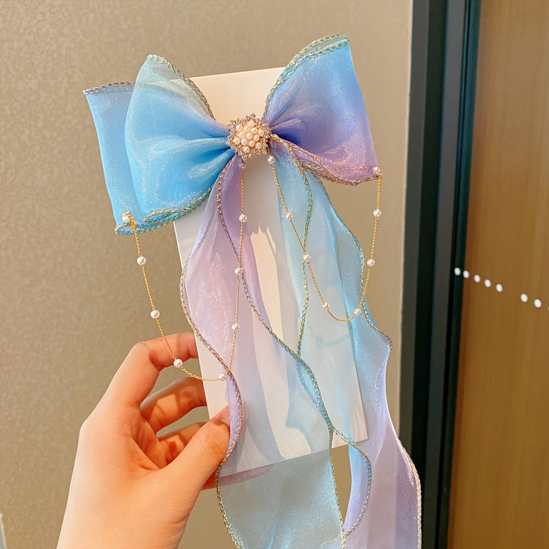 Baby Girls Mesh Bow Ribbon Hair Clips With Pearl Tassel