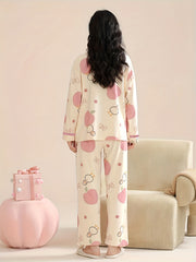 Duck Print Pajama Set Long Sleeve V Neck Top & Pants