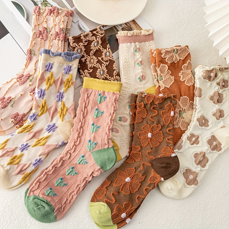 7 Pairs Floral Print Socks Comfy & Mid Tube Socks Women's Stockings