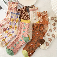 7 Pairs Floral Print Socks Comfy & Mid Tube Socks Women's Stockings