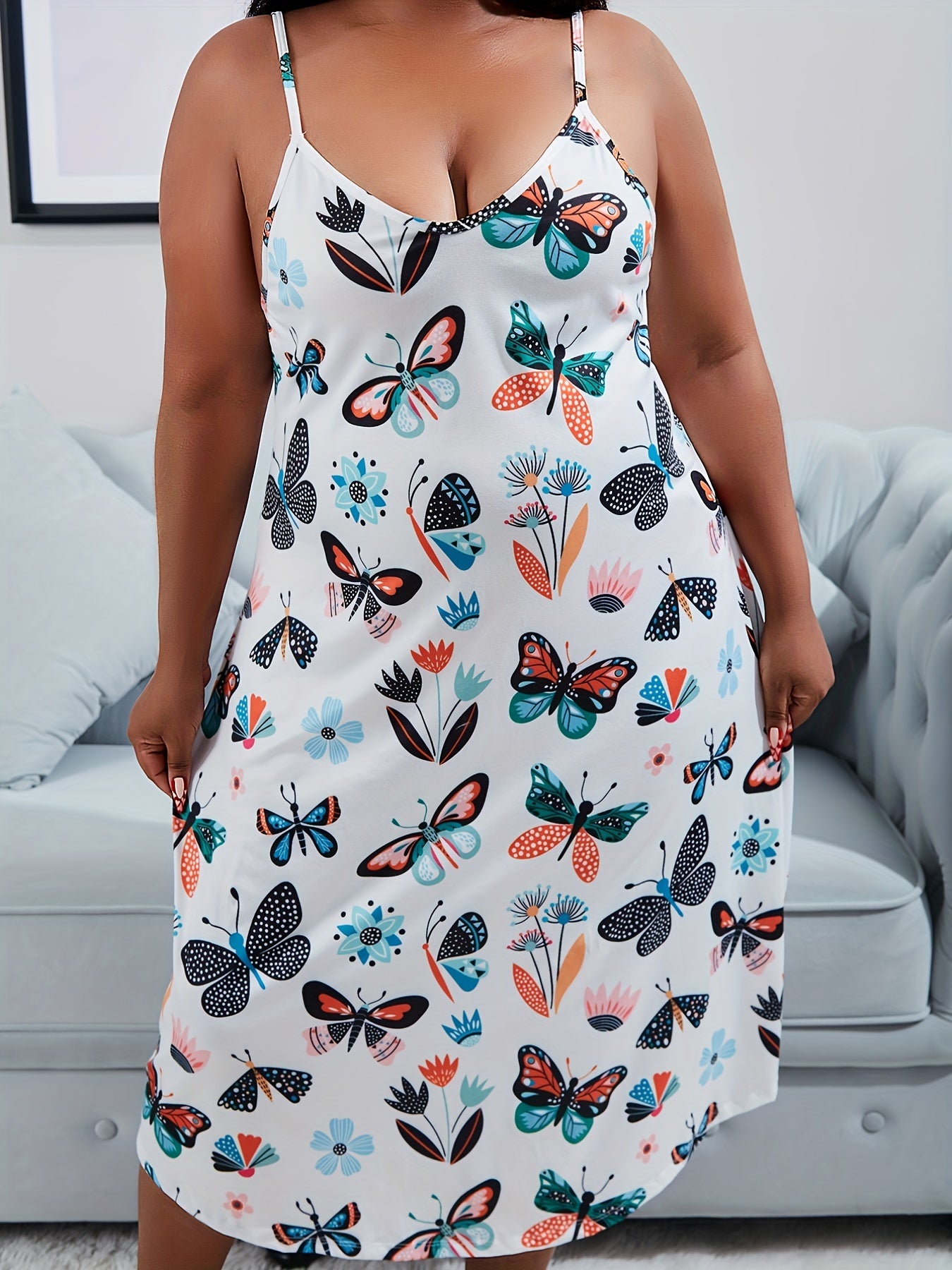 Butterfly & Floral Print Deep V Neck Cami Sleep Dress
