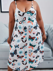 Butterfly & Floral Print Deep V Neck Cami Sleep Dress