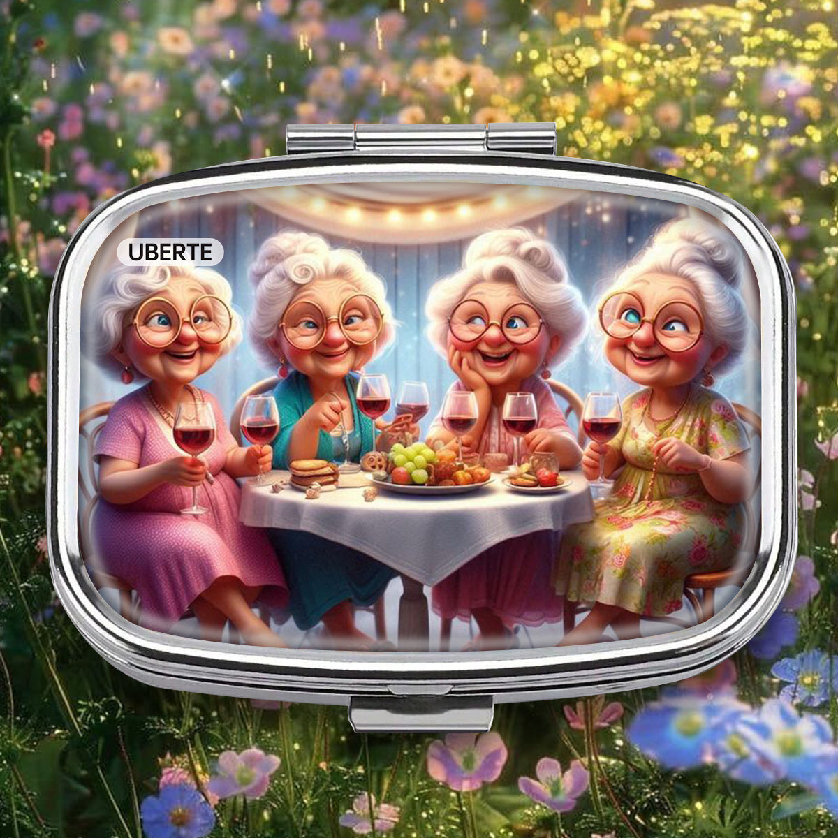 Cartoon Grandmothers Dinner Print Pill Case with 2 Compartments