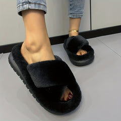 Women's Pink Fuzzy Platform Slippers Open Toe Solid Fluffy Shoes