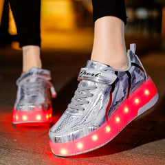 Boy's LED Light Up Roller Shoes Hook Loop Velcro Wheel Skate Sneakers Kids
