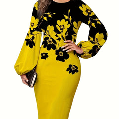 Floral Print Lantern Sleeve Round Neck Midi Dress Plus Size