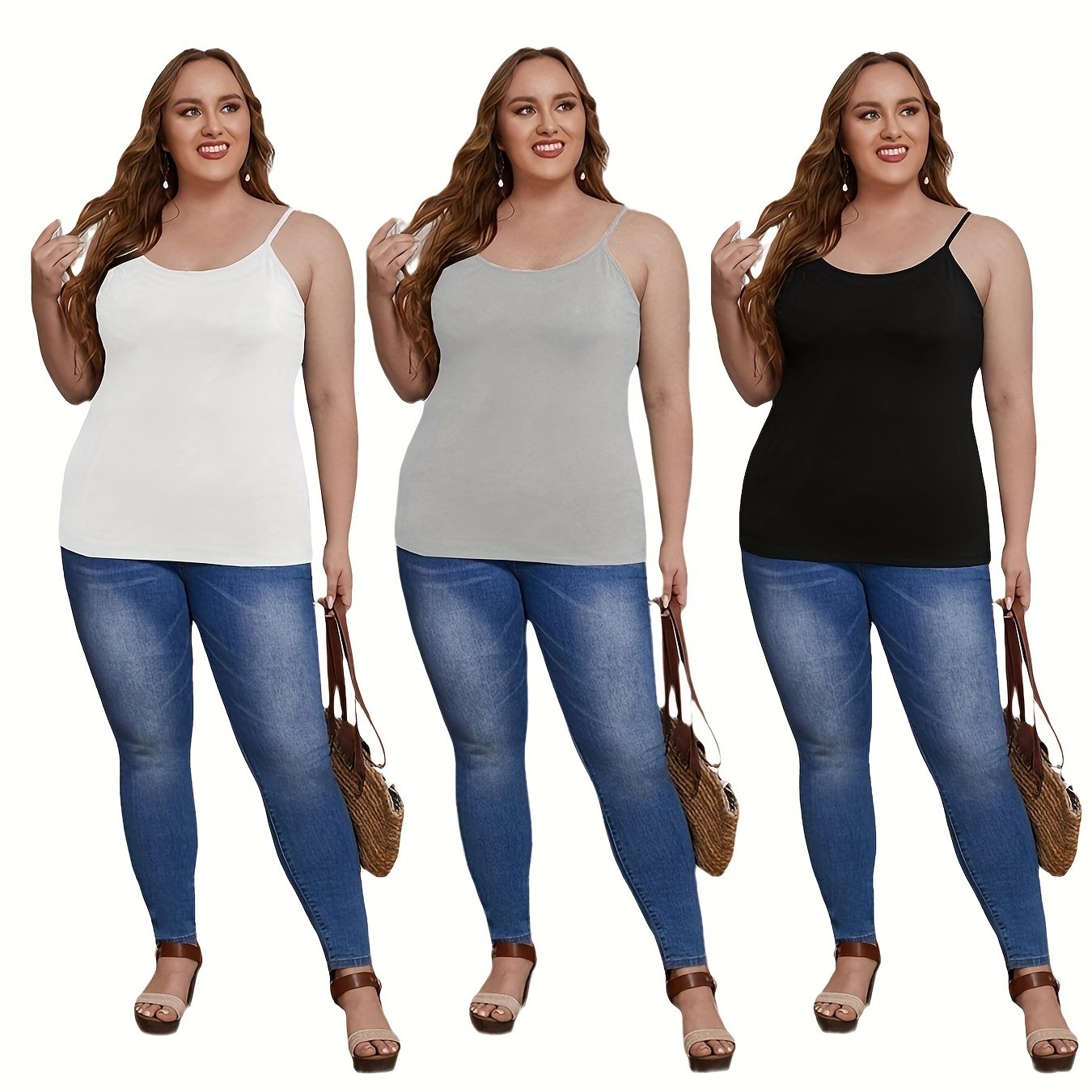 3 Pack Plus Size Basic Cami Top Set Women's Plus Plain Round Neck